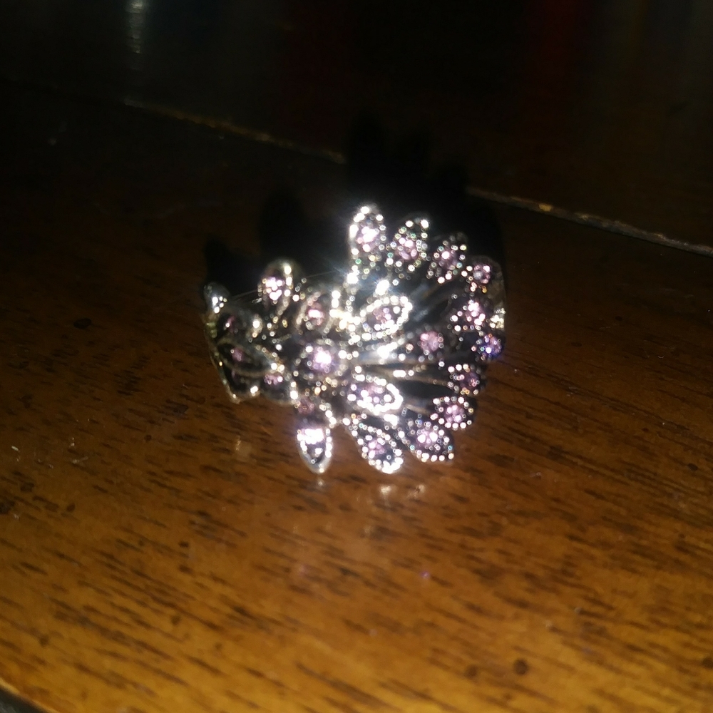 NIP! Pink Peacock Feather Silver Ring
